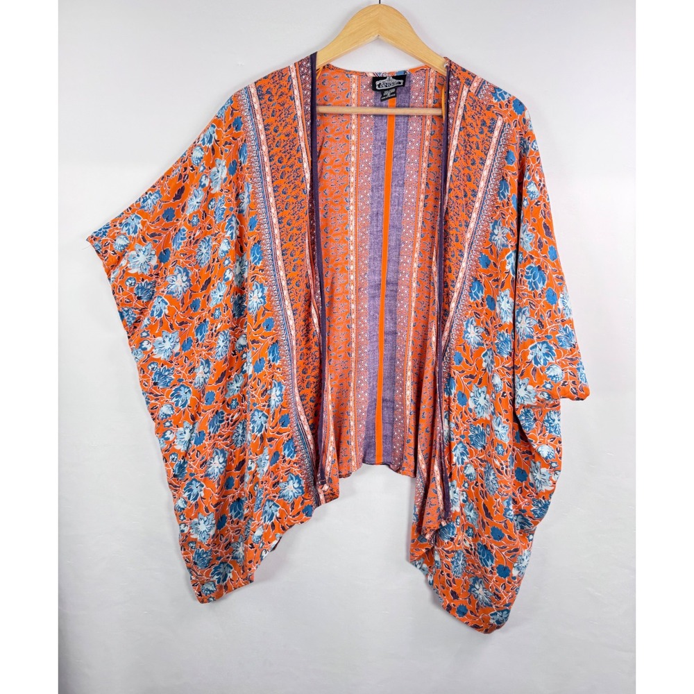 Angie Kimono Cardigan sz S Orange Blue Floral Boho‎ Open Front beach